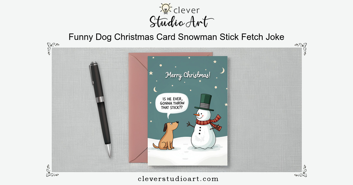 Funny Dog Christmas Card Snowman Stick Fetch Joke | Clever Studio Art