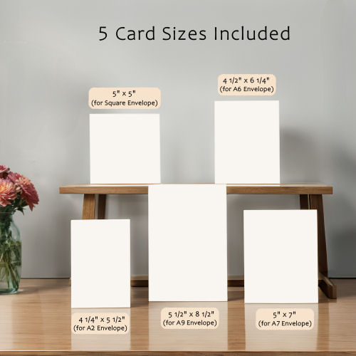 The 5 printable card sizes included, each shown with its envelope