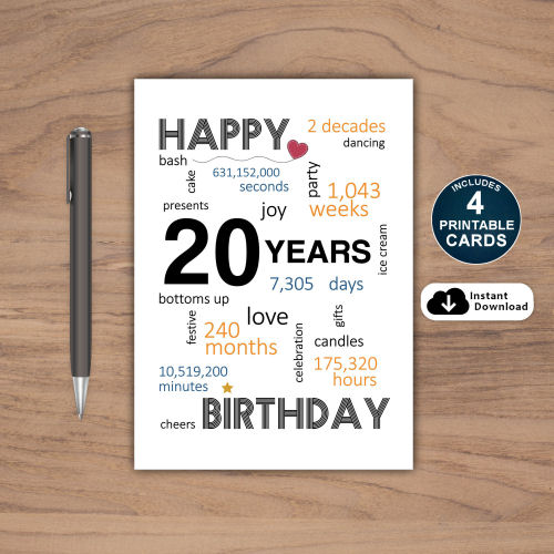 20th Birthday Card Printable