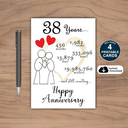 38th Wedding Anniversary Stick Figures and Red Hearts