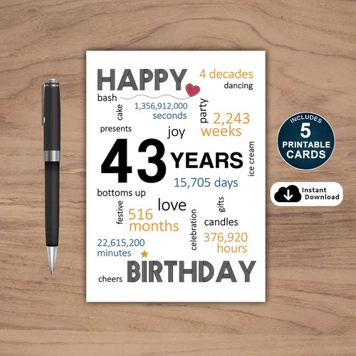 43rd Birthday Card Printable