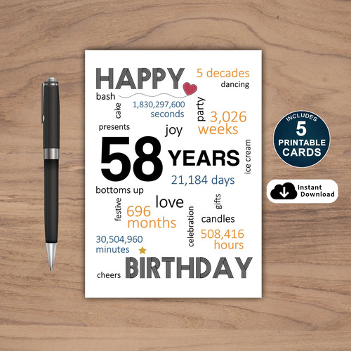 58th Birthday Card Printable