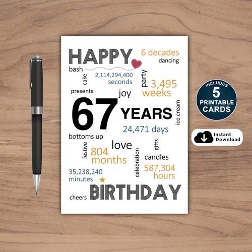 67th Birthday Card Printable