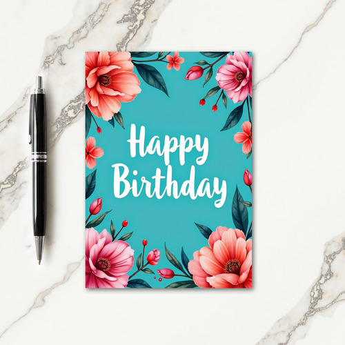 Aqua Floral Birthday Card