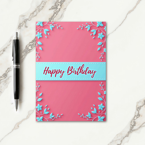 Aqua Pink Floral Birthday Card