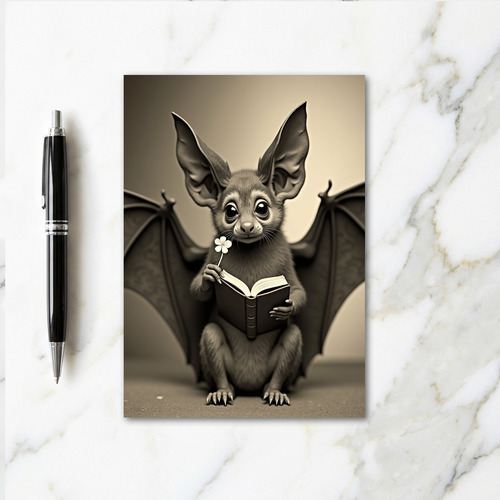 Bat With Book And Flower Card