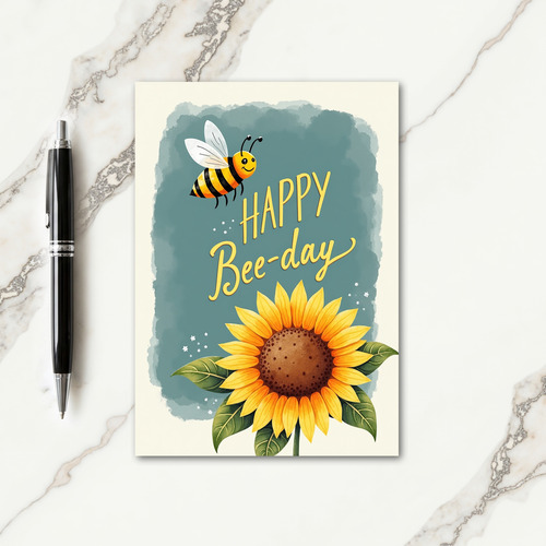 Bee Birthday Sunflower Illustration Card