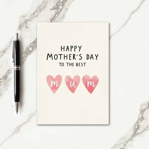 Best Mum Watercolor Hearts Card