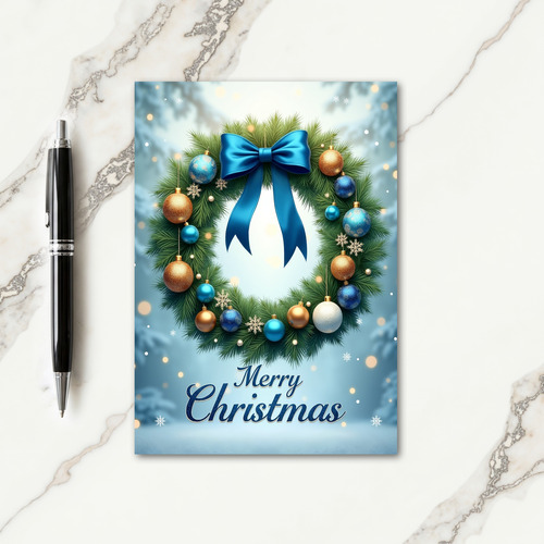 Blue Bow Wreath Christmas Card