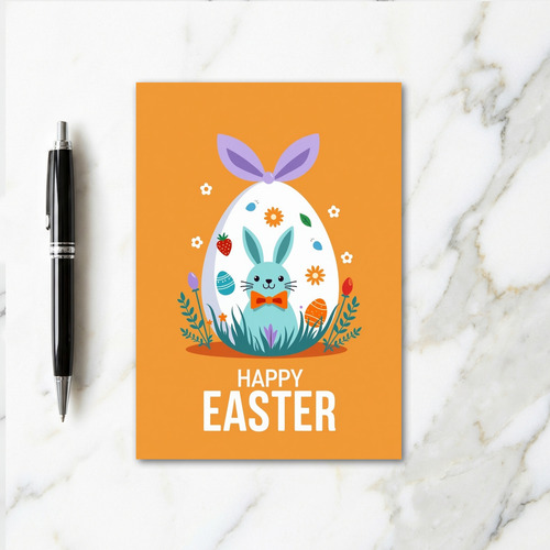 Blue Bunny Orange Bow Easter Card