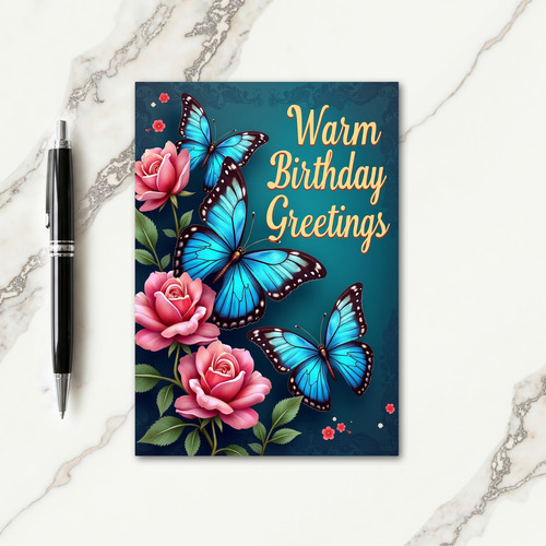 Blue Butterfly Rose Birthday Card