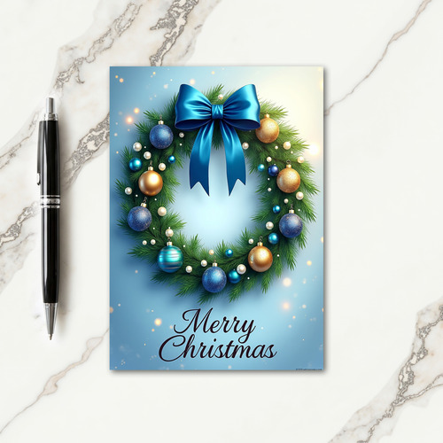 Blue Gold Wreath Christmas Card