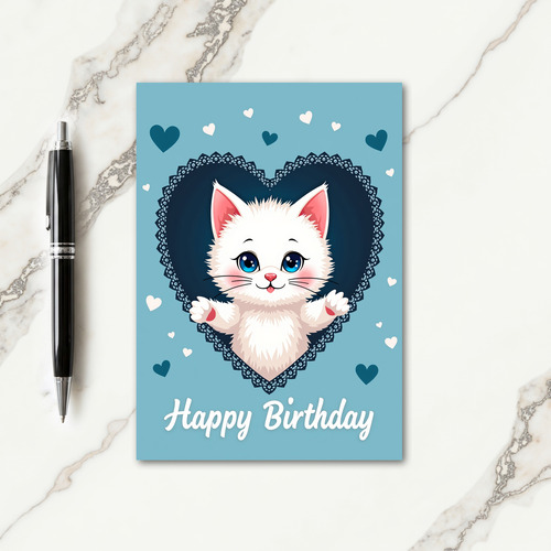 Blue Heart Kitten Birthday Card