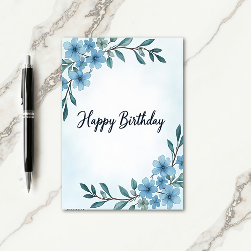 Blue Watercolor Floral Birthday Card