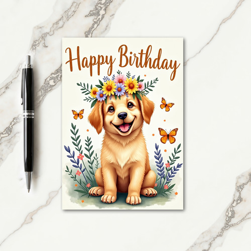 Cheerful Birthday Floral Dog Card