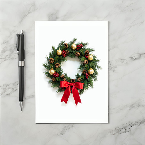 Classic Christmas Wreath Card Red Bow Gold Ornaments