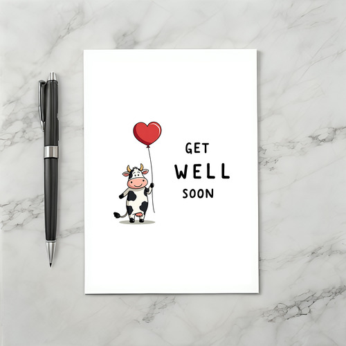 Cow Holding Heart Balloon Get Well Card