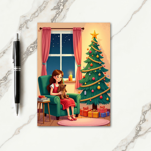 Cozy Christmas Girl And Dog Card