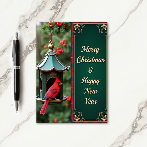 Crimson Bird Feeder Christmas Card