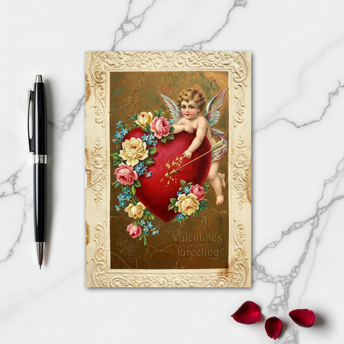 Cupid Heart Roses Vintage Card