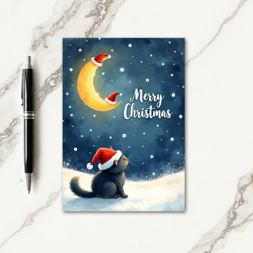 Curious Cat Moon Christmas Card