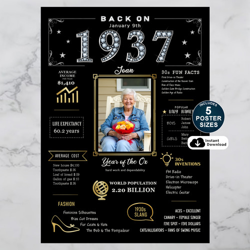 Custom 1937 Birthday Poster in Black and Gold