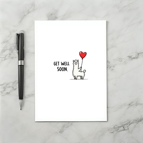 Cute Alpaca Get Well Soon Card with Heart Balloon