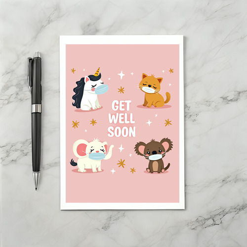 Cute animals face masks get well card