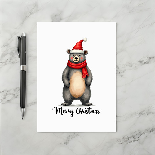Cute Bear Santa Hat Scarf Merry Christmas Card Art