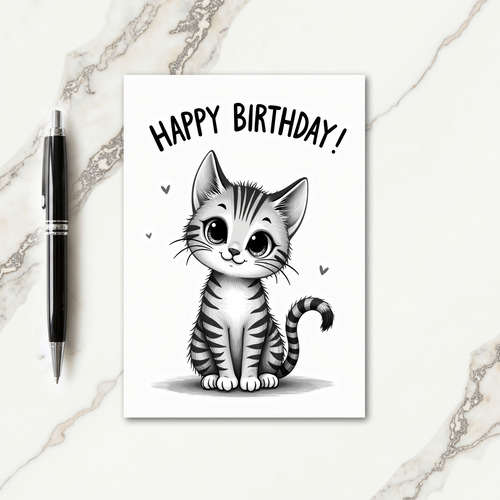 Cute Birthday Monochrome Cat Card