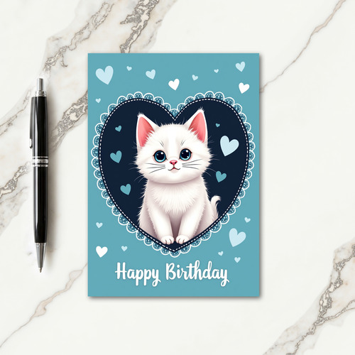 Cute Birthday White Kitty Heart Card
