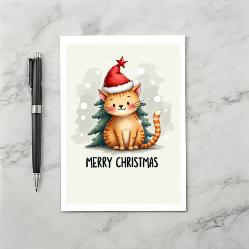 Cute Cartoon Ginger Cat in Santa Hat Christmas Card