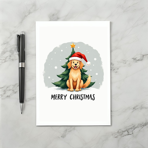 Cute Cartoon Golden Retriever in Santa Hat Christmas Card