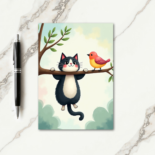 Cute Cat Bird Birthday Card