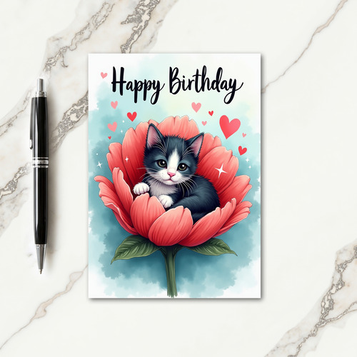 Cute Cat Floral Birthday Card