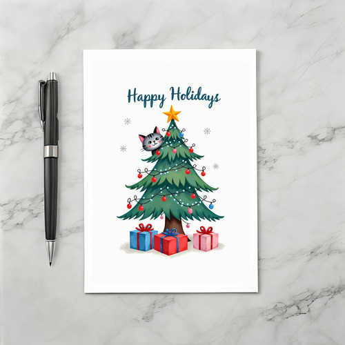 Cute Cat In Christmas Tree Happy Holidays Card Illustration