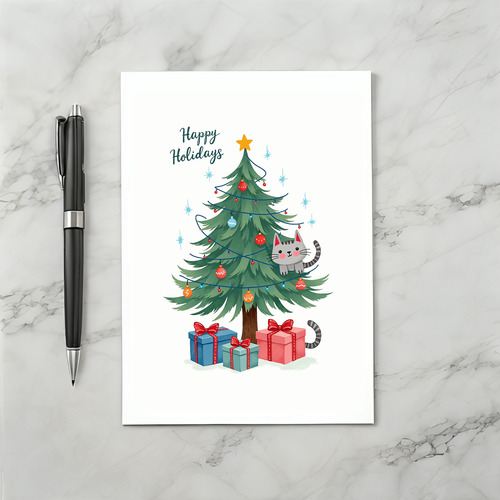 Cute Cat In Christmas Tree Illustrated Happy Holidays Card