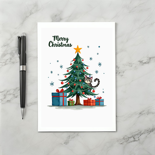 Cute Cat In Christmas Tree Merry Christmas Card Presents