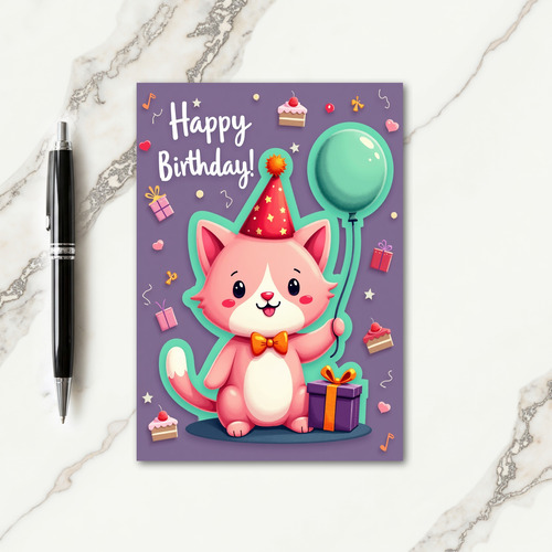 Cute Cat Party Hat Birthday Card