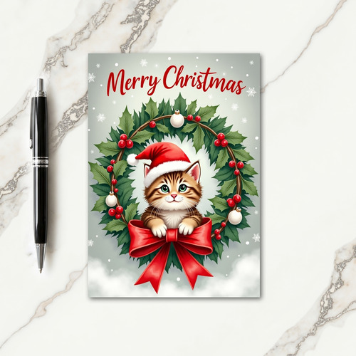 Cute Cat Wreath Christmas Card
