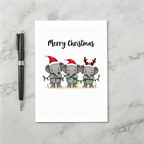 Cute Christmas Elephants with Lights and Santa Hats Card