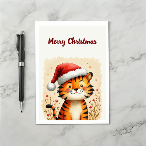 Cute Christmas Tiger in Santa Hat Holiday Card