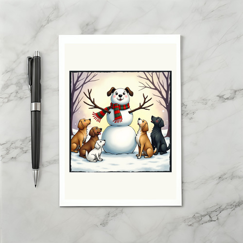 Cute Dogs Snowman Christmas Card Puppy Winter