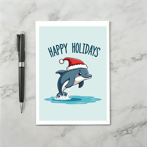 Cute Dolphin Happy Holidays Santa Hat Card