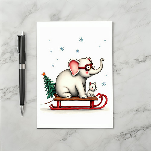 Cute Elephant Dog Sled Christmas Card Whimsical Illustration