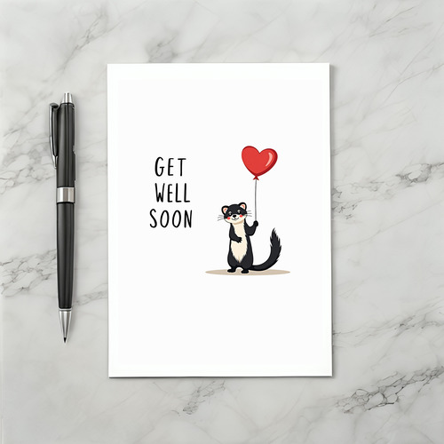 Cute Ferret Get Well Soon Card with Heart Balloon