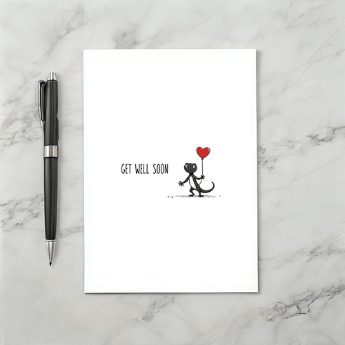 Cute Gecko Get Well Card With Heart Balloon