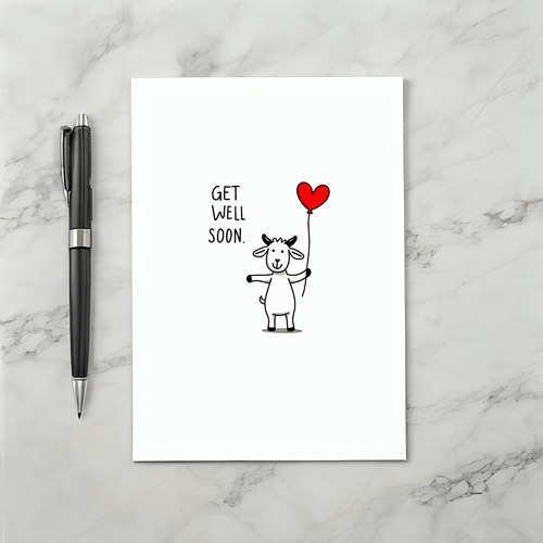 Cute Goat Get Well Soon Card with Heart Balloon