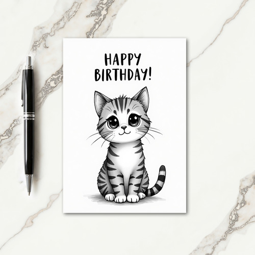 Cute Grayscale Cat Birthday Card