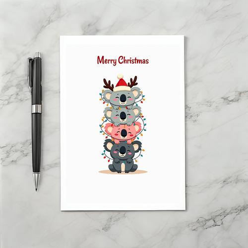 Cute Koala Stack Christmas Lights and Santa Hat Card